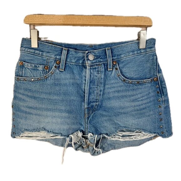 Levi's 501 Embellished Denim Shorts in Hotline Bling Distressed Size 27 - Picture 2 of 8